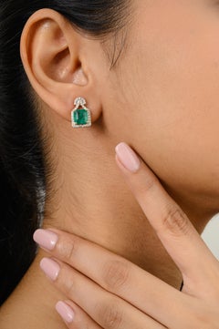 Zambian Emerald Diamond Statement Stud Earrings Gift for Her in 18k Yellow Gold
