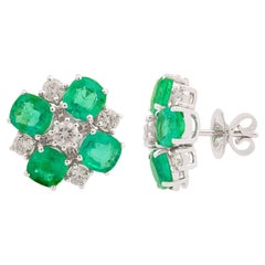 Zambian Emerald Diamond Stud Earrings 18 Karat White Gold Handmade Fine Jewelry