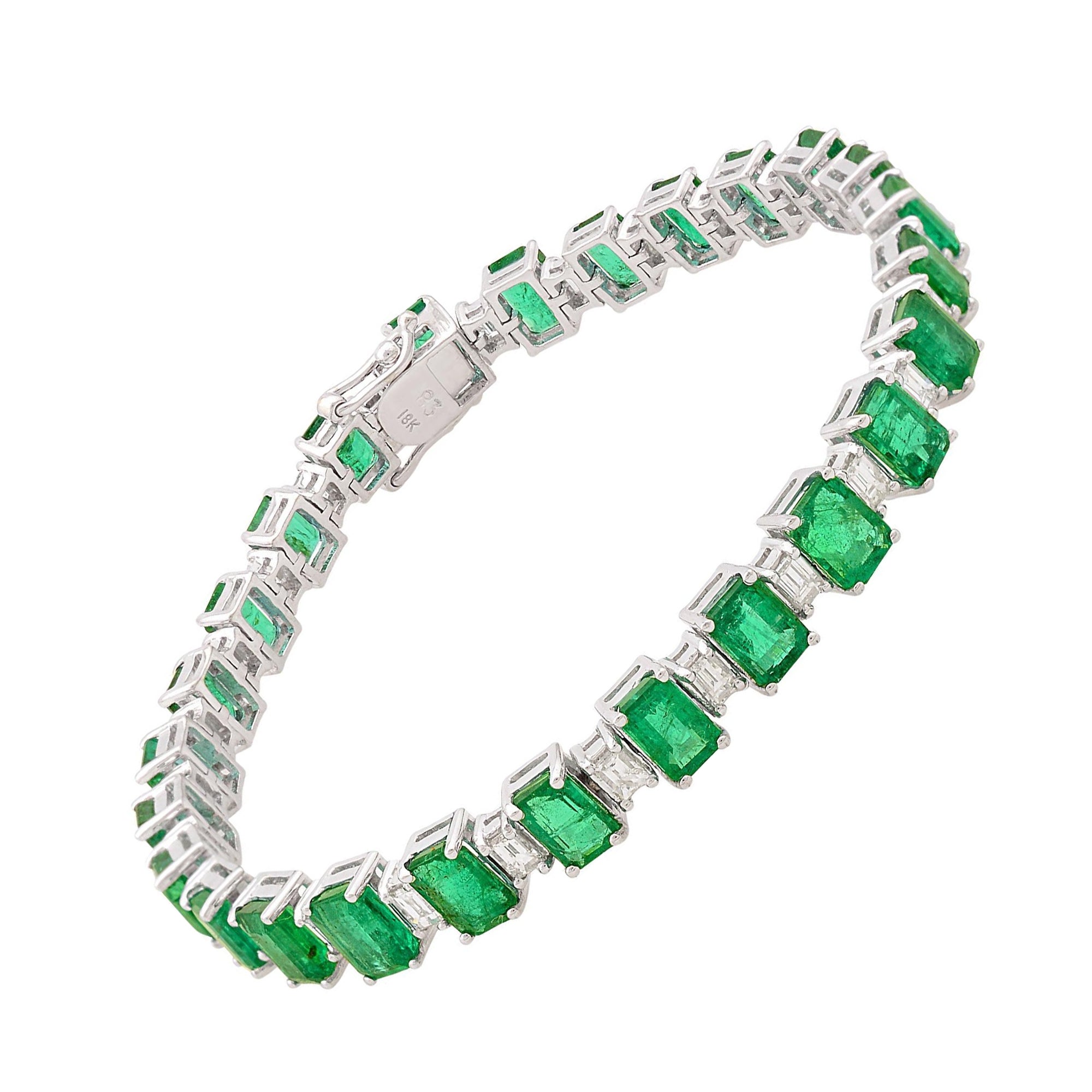 Bracciale tennis con diamante e smeraldo dello Zambia Gioielli fatti a mano in oro bianco 14 carati