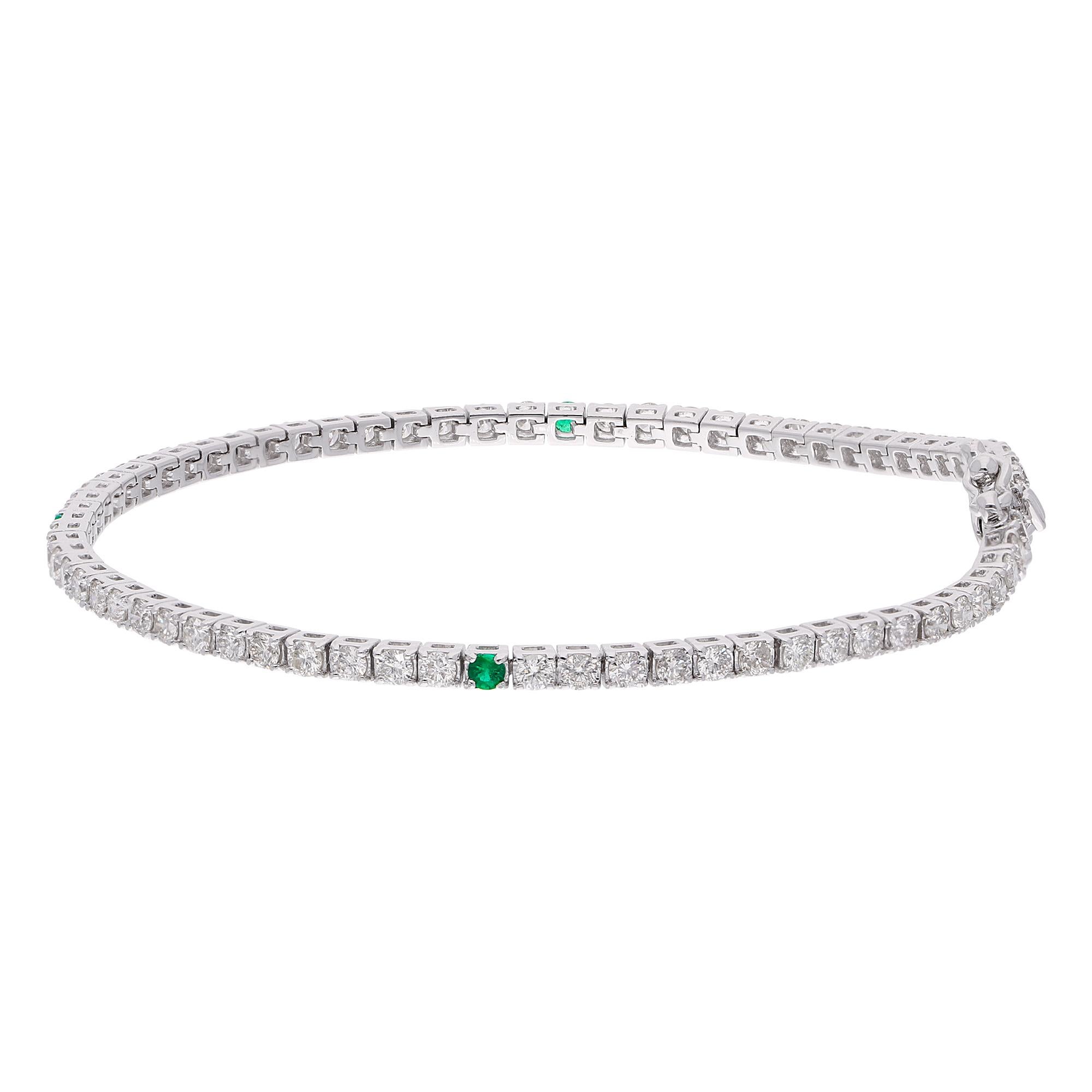 Make a statement of timeless elegance with this stunning Emerald Diamond Tennis Bracelet from our collection. The green hue of the emeralds is beautifully contrasted by the brilliance of the diamonds, creating a striking display of color and light.