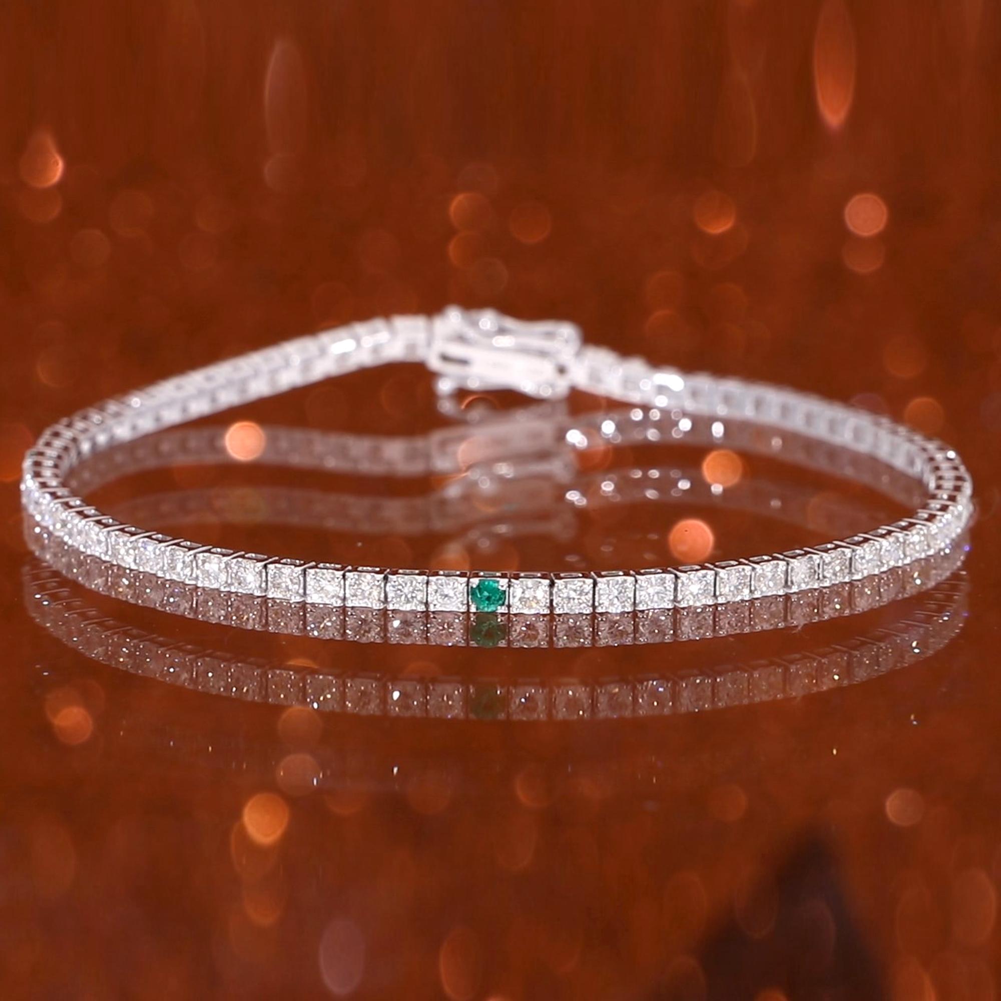 Natural Zambian Emerald Diamond Stacking Line Bracelet 14 Karat White Gold In New Condition For Sale In Diera, Dubai