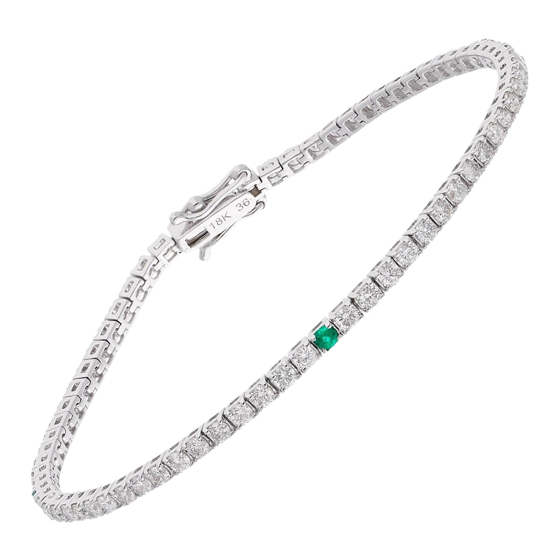 Natural Zambian Emerald Diamond Stacking Line Bracelet 14 Karat White Gold For Sale
