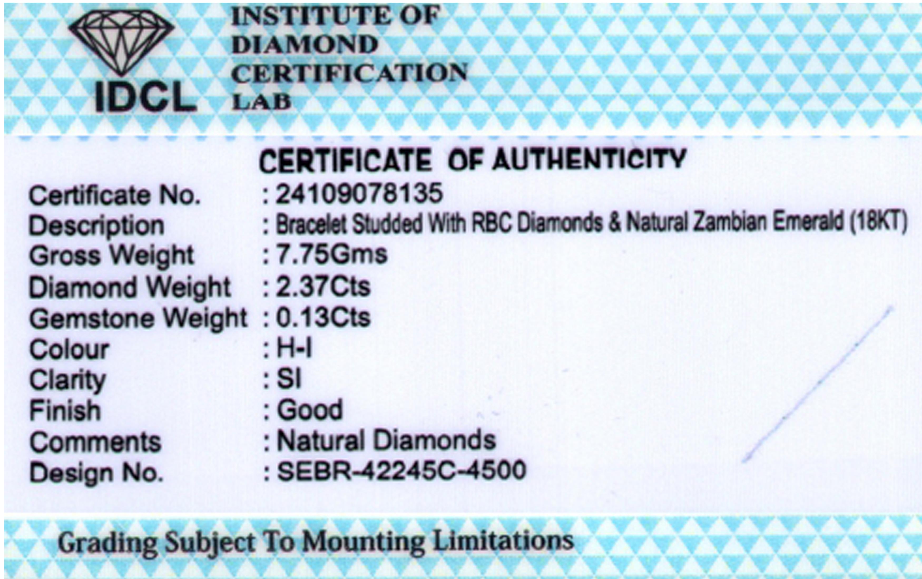 Women's Natural Zambian Emerald Diamond Stacking Line Bracelet 18 Karat White Gold For Sale