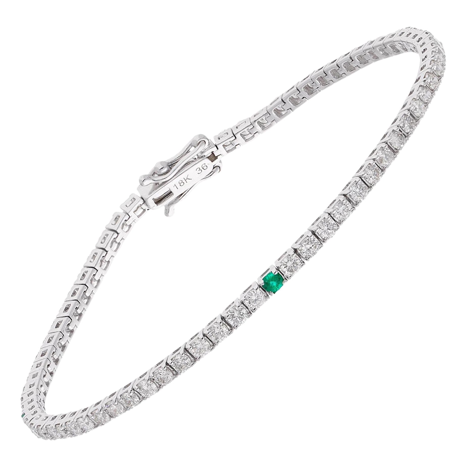 Natural Zambian Emerald Diamond Stacking Line Bracelet 18 Karat White Gold