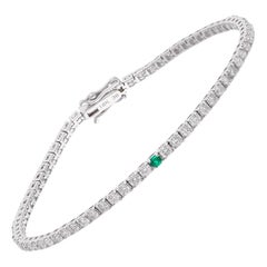 Natural Zambian Emerald Diamond Stacking Line Bracelet 18 Karat White Gold