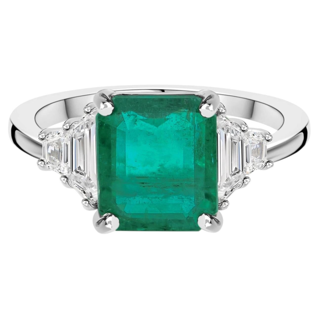 Zambian Emerald & Diamond Three-Stone Ring 18K White Gold