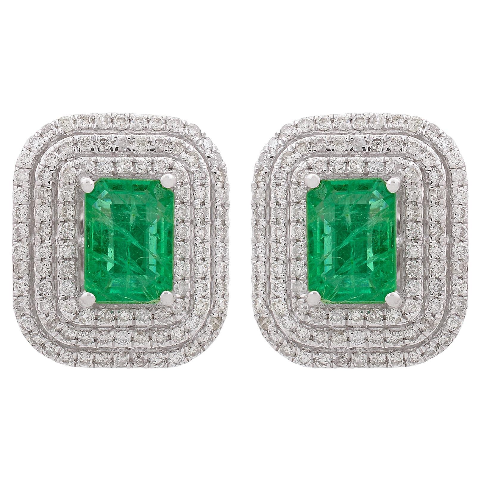 Boucles d'oreilles Emeraude de Zambie Double Halo Pave Diamants Or blanc 18k