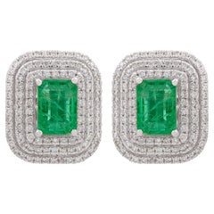 Boucles d'oreilles Emeraude de Zambie Double Halo Pave Diamants Or blanc 18k