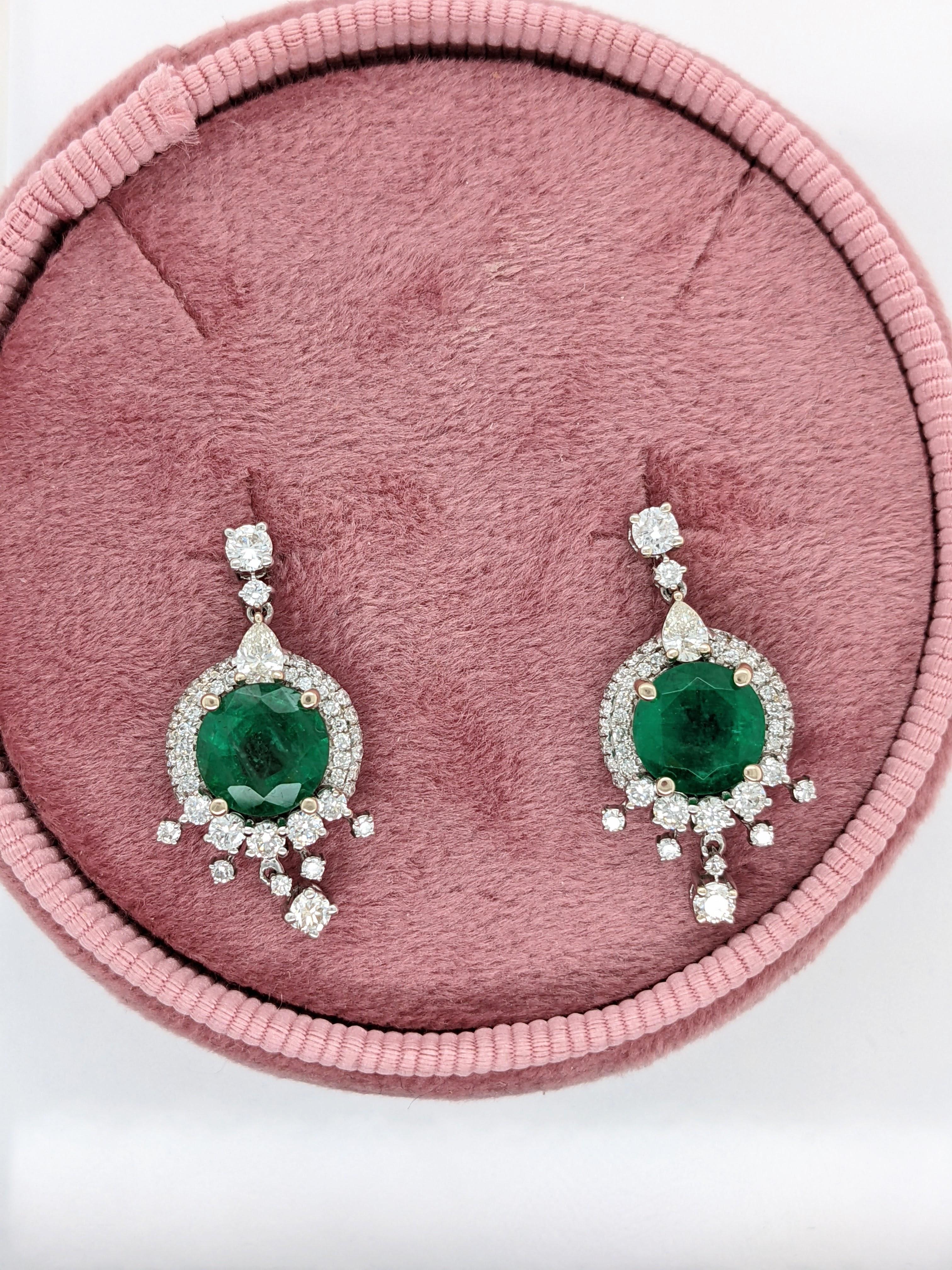 Modern Zambian Emerald Drop Earrings in 14k Solid White Gold with Natural Diamonds For Sale