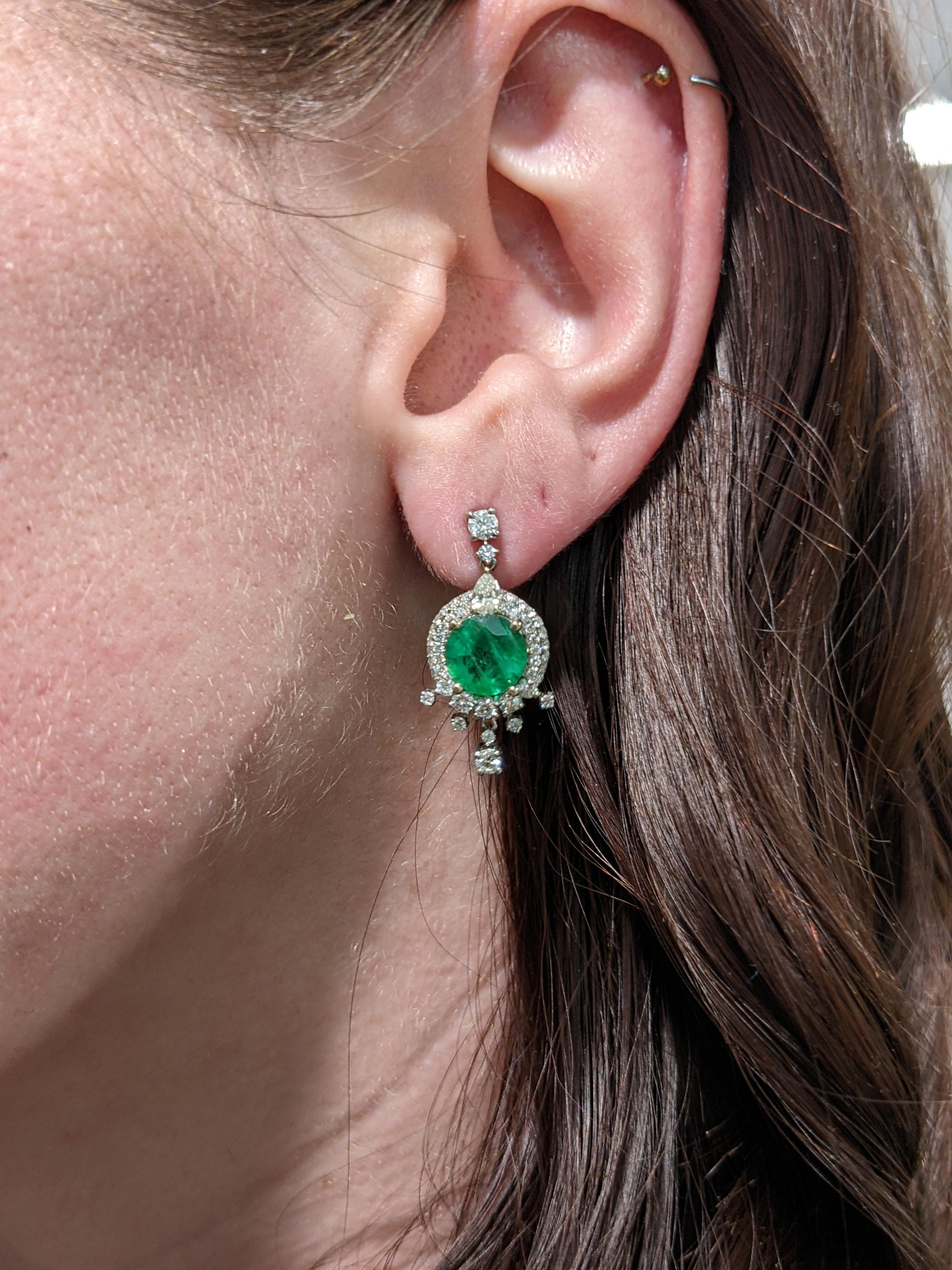 Round Cut Zambian Emerald Drop Earrings in 14k Solid White Gold with Natural Diamonds For Sale