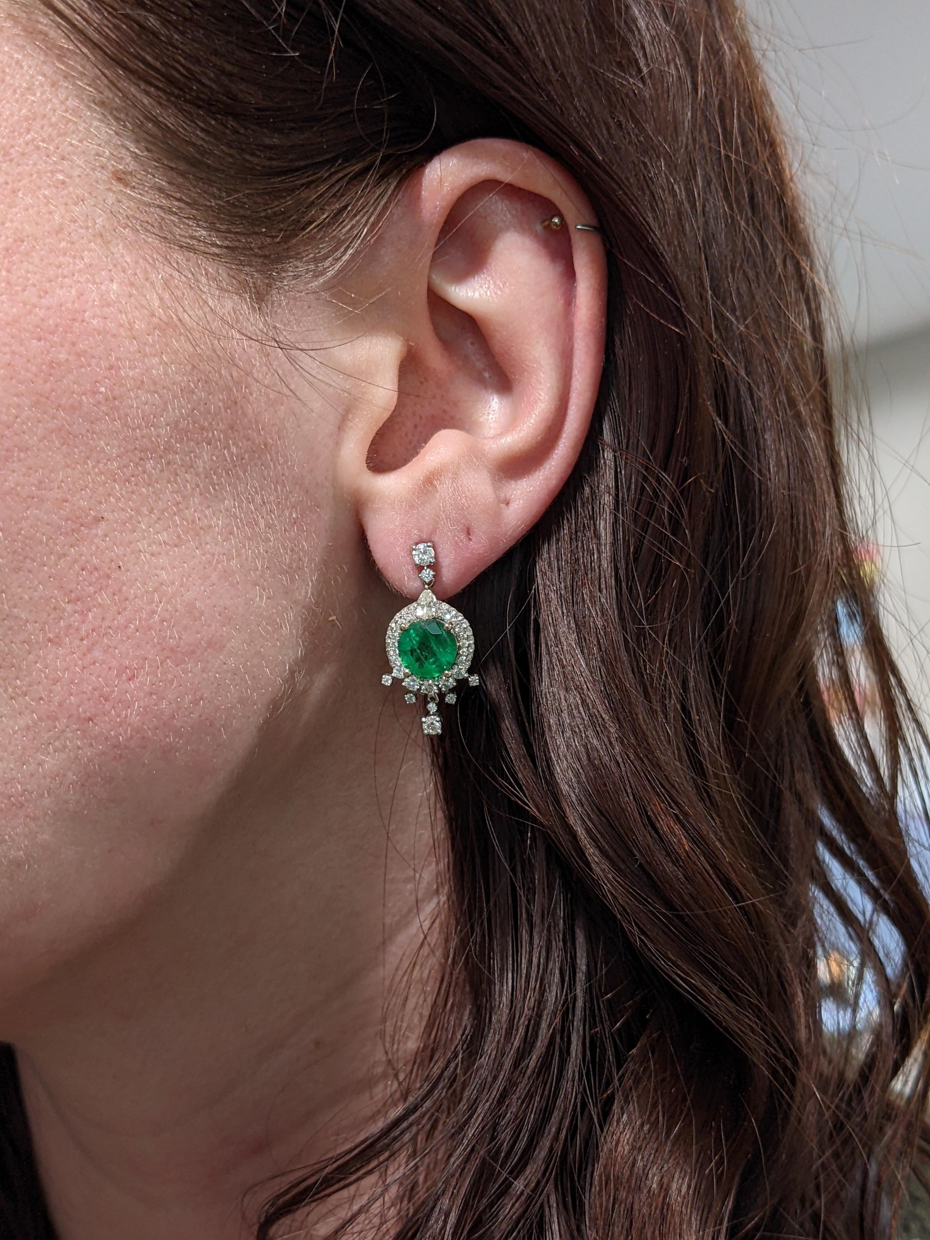 Women's or Men's Zambian Emerald Drop Earrings in 14k Solid White Gold with Natural Diamonds For Sale