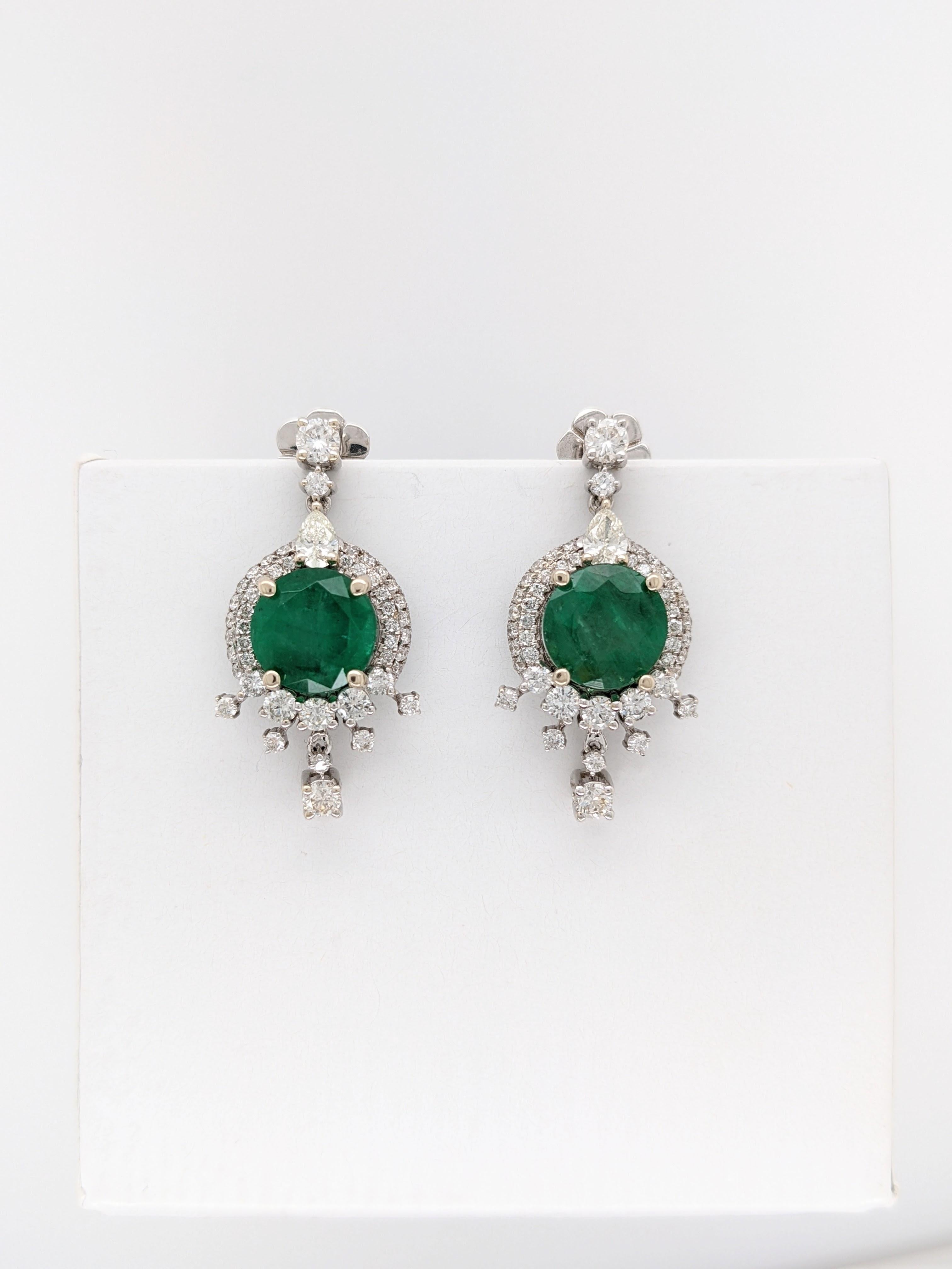 Zambian Emerald Drop Earrings in 14k Solid White Gold with Natural Diamonds For Sale 1