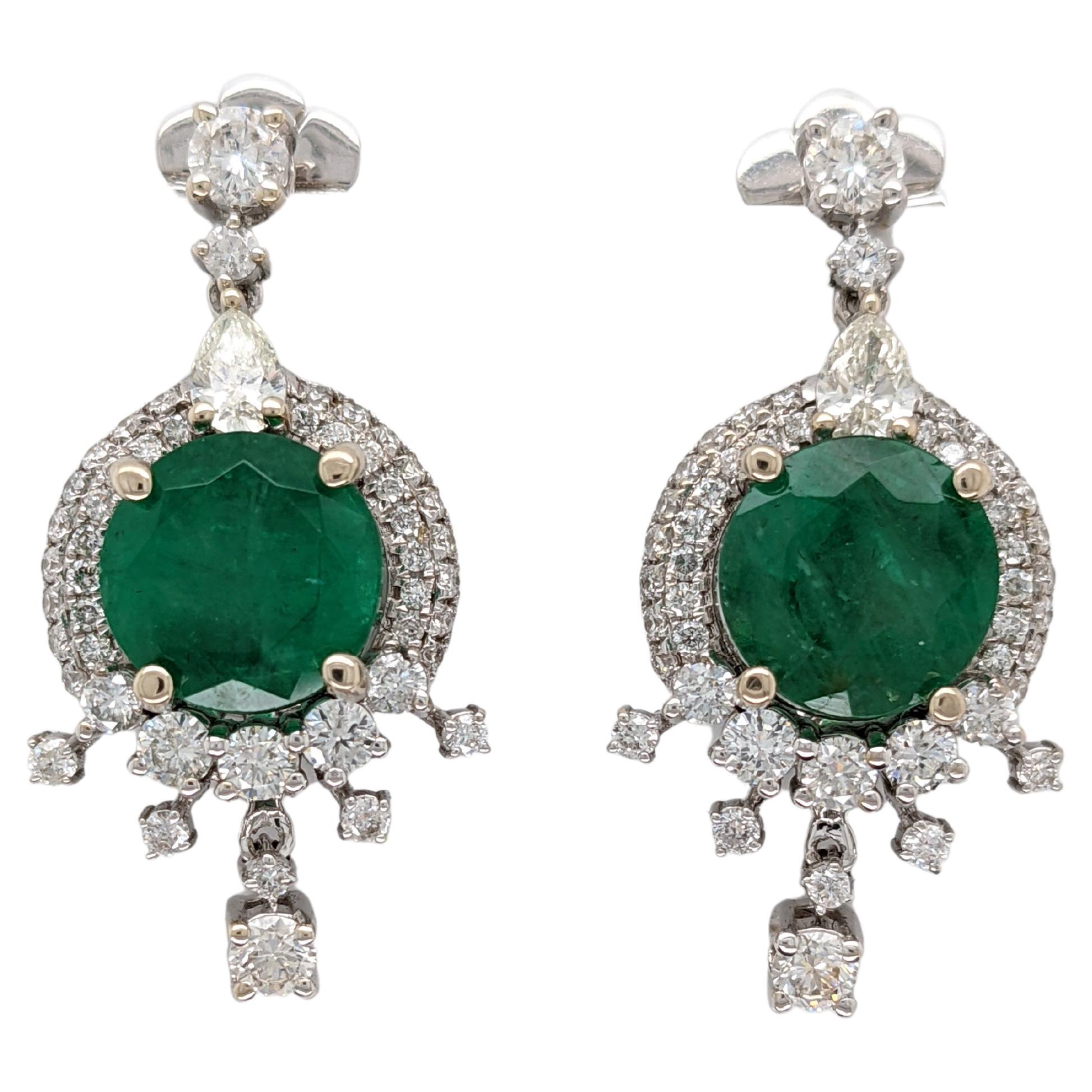 Zambian Emerald Drop Earrings in 14k Solid White Gold with Natural Diamonds For Sale
