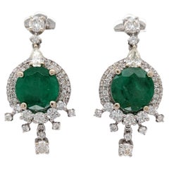 Zambian Emerald Drop Earrings in 14k Solid White Gold with Natural Diamonds