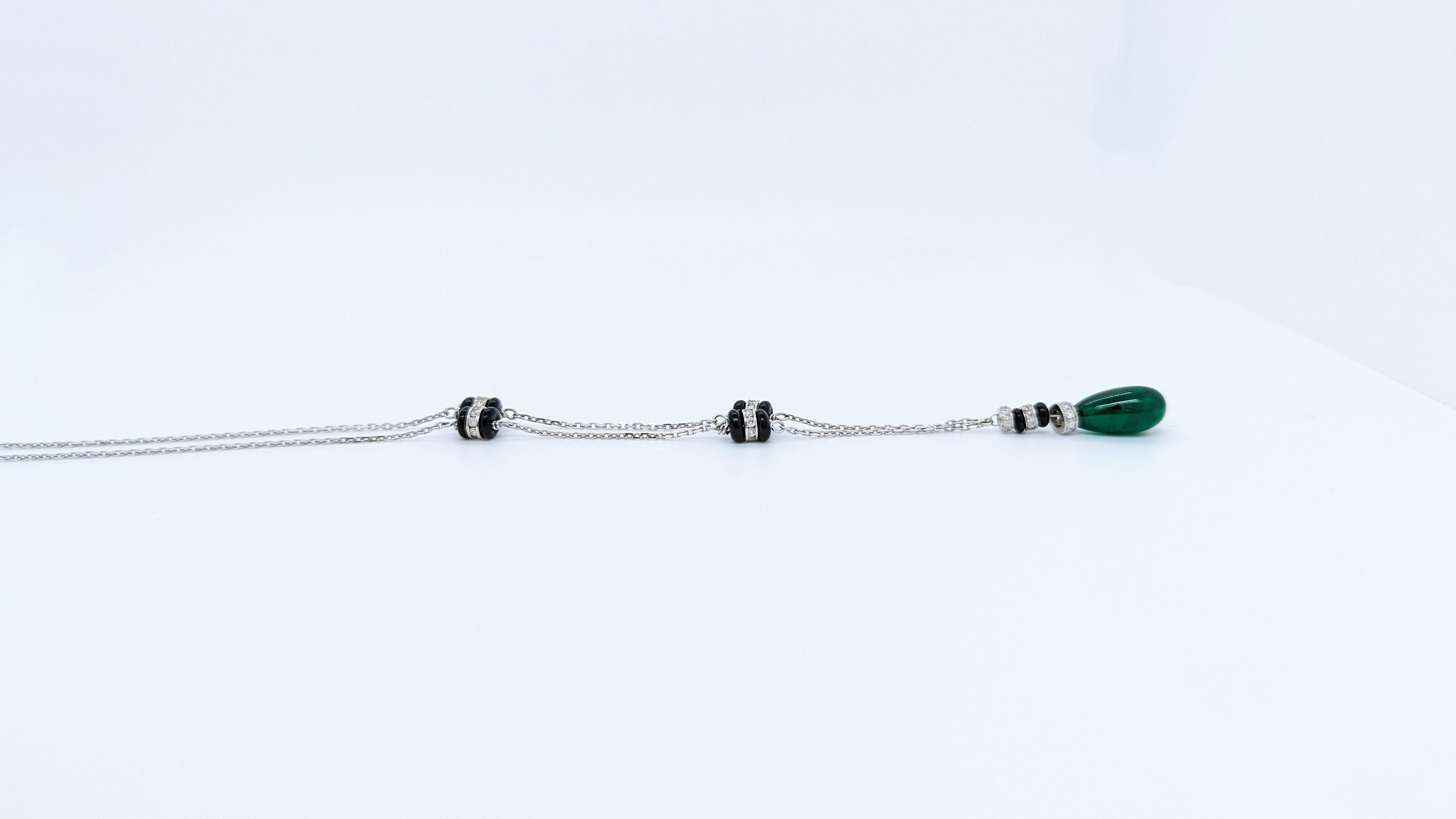 Zambian Emerald Drop, White Diamond and Onyx Bead Necklace in 18K White Gold In New Condition For Sale In Los Angeles, CA