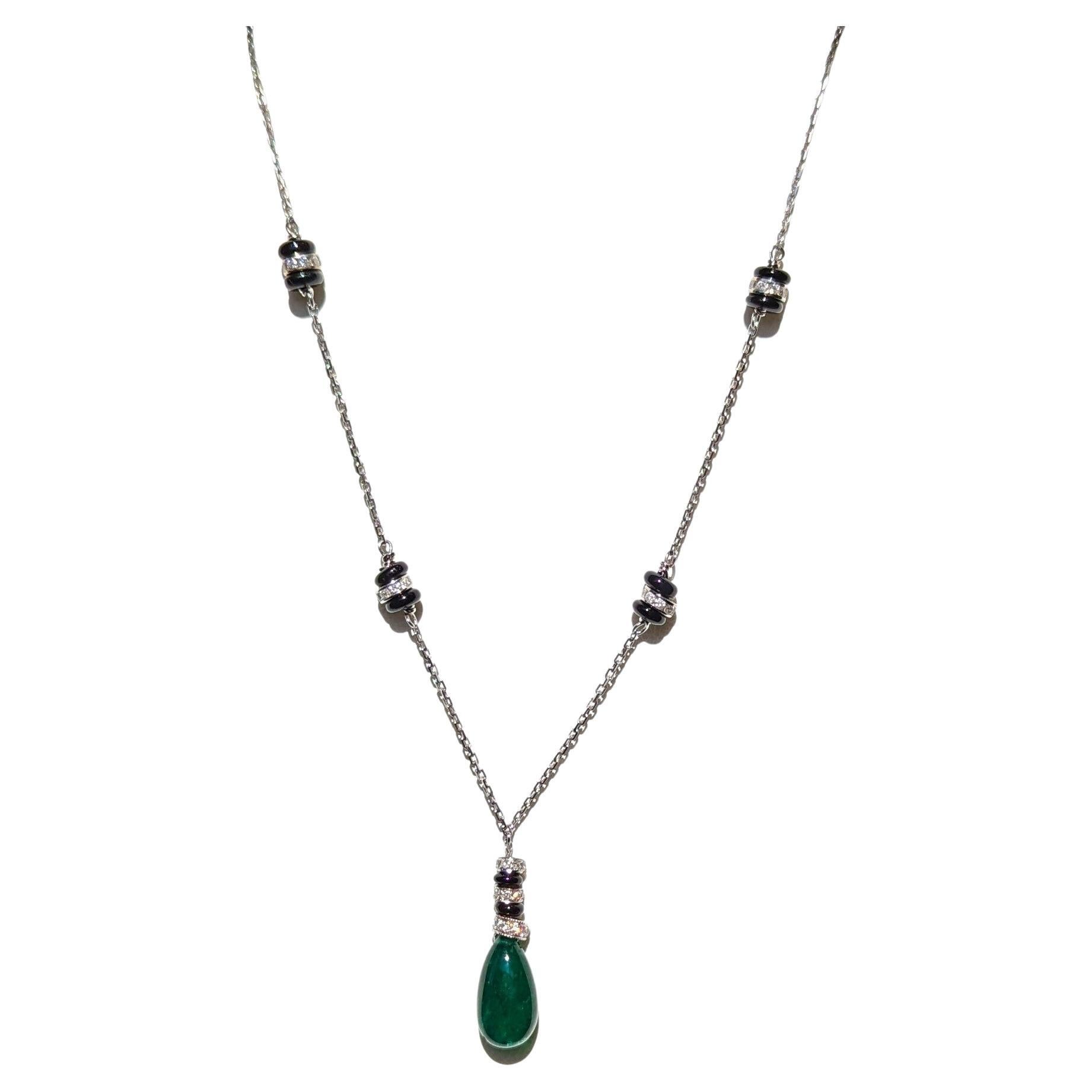 Zambian Emerald Drop, White Diamond and Onyx Bead Necklace in 18K White Gold For Sale