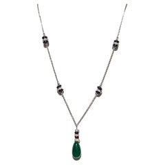 Zambian Emerald Drop, White Diamond and Onyx Bead Necklace in 18K White Gold