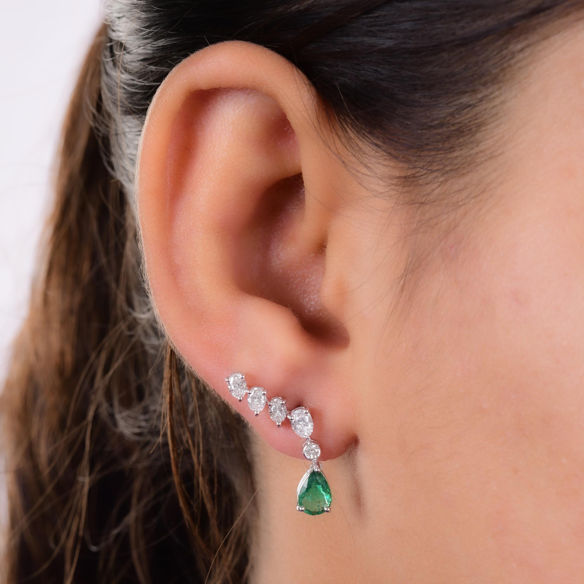 Modern Zambian Emerald Ear Clamber Earrings Diamond 14 Karat White Gold Fine Jewelry For Sale