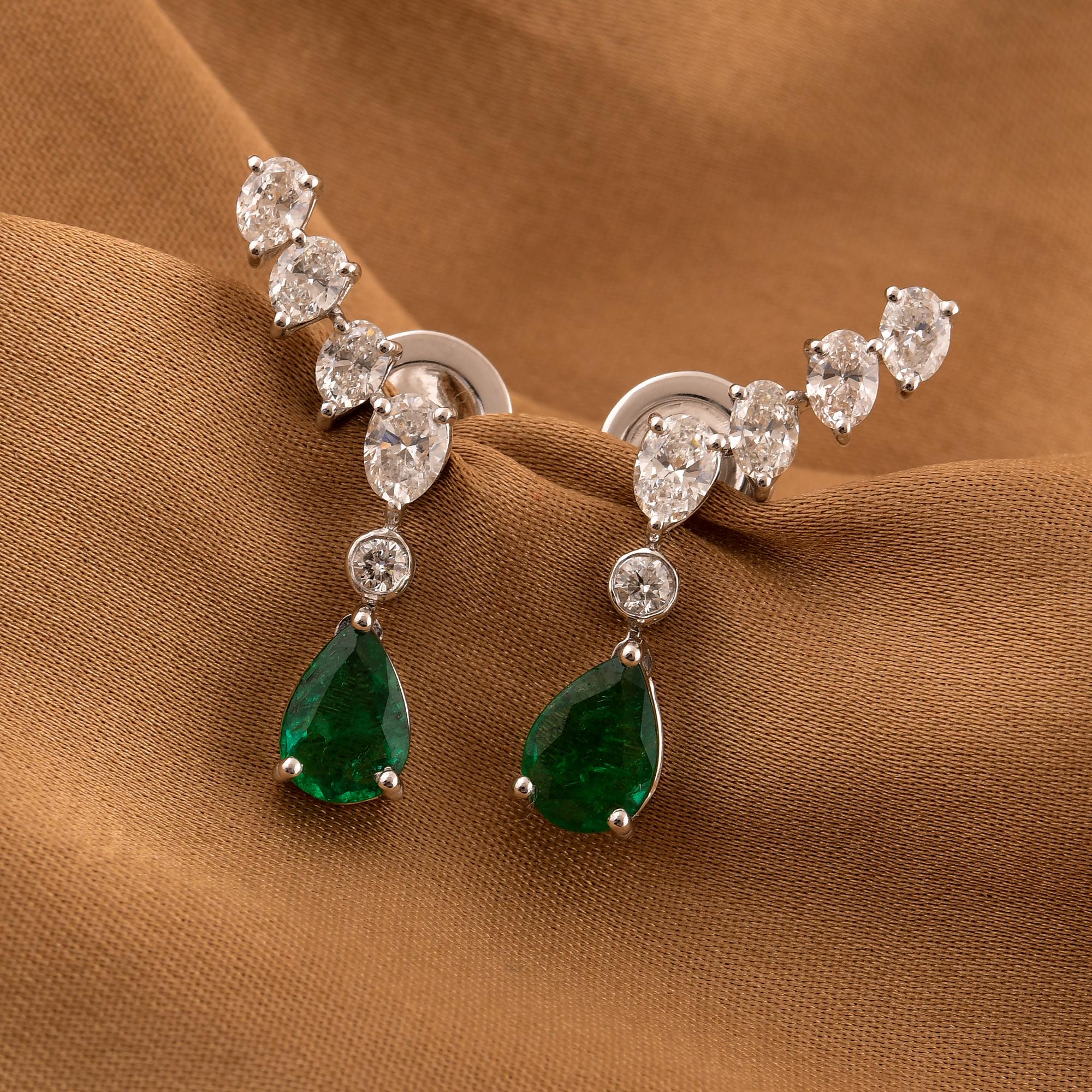 Pear Cut Zambian Emerald Ear Clamber Earrings Diamond 14 Karat White Gold Fine Jewelry For Sale