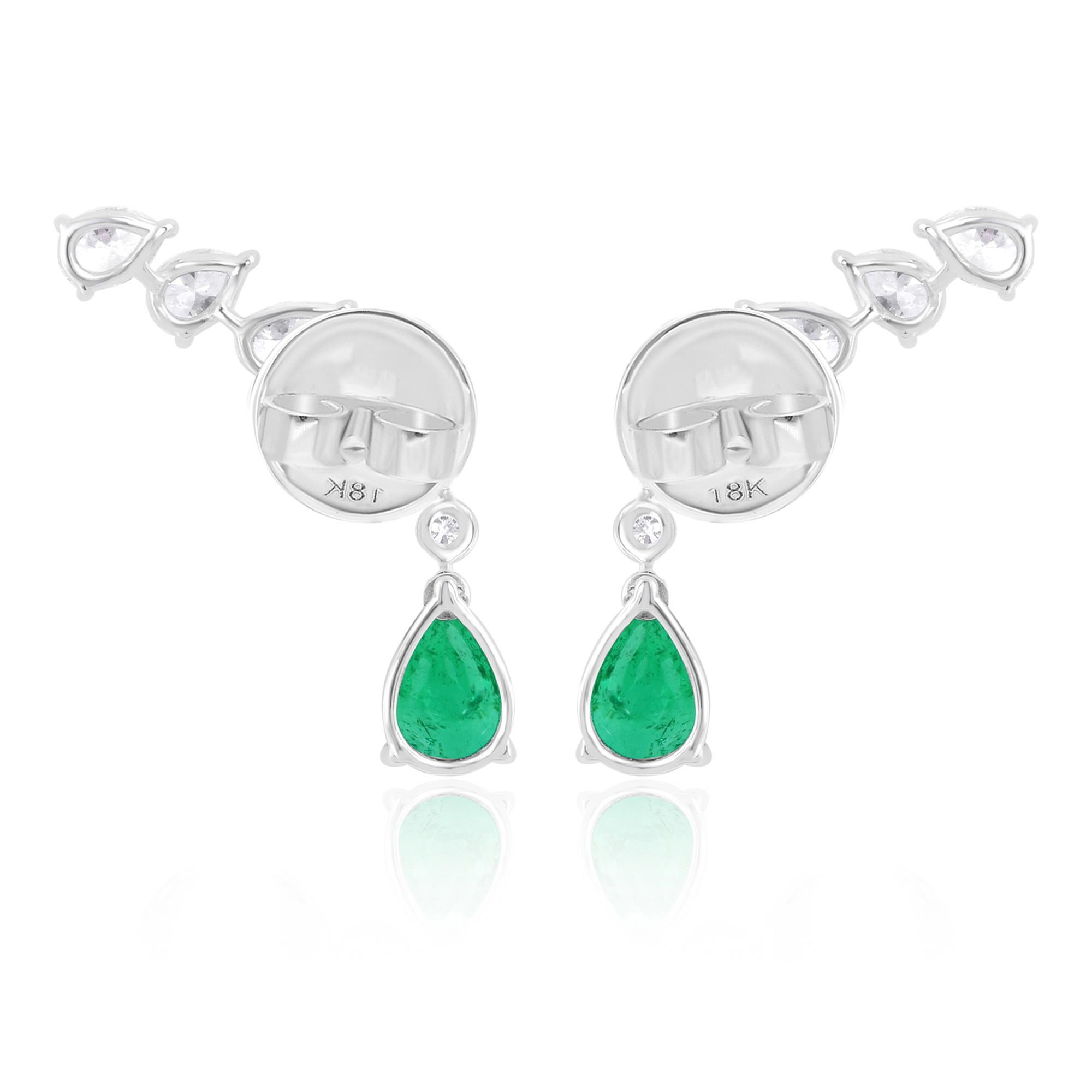 Women's Zambian Emerald Ear Clamber Earrings Diamond 14 Karat White Gold Fine Jewelry For Sale