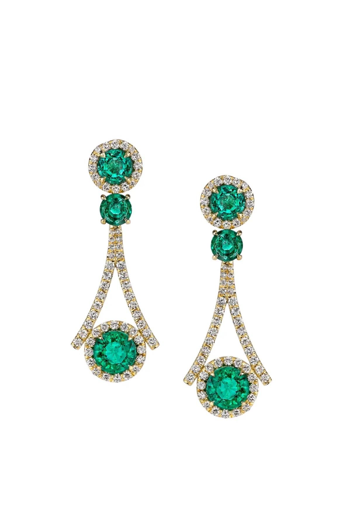 Modern 18K yellow gold, round-cut Zambian Emerald Earrings. 7.19 carats. For Sale
