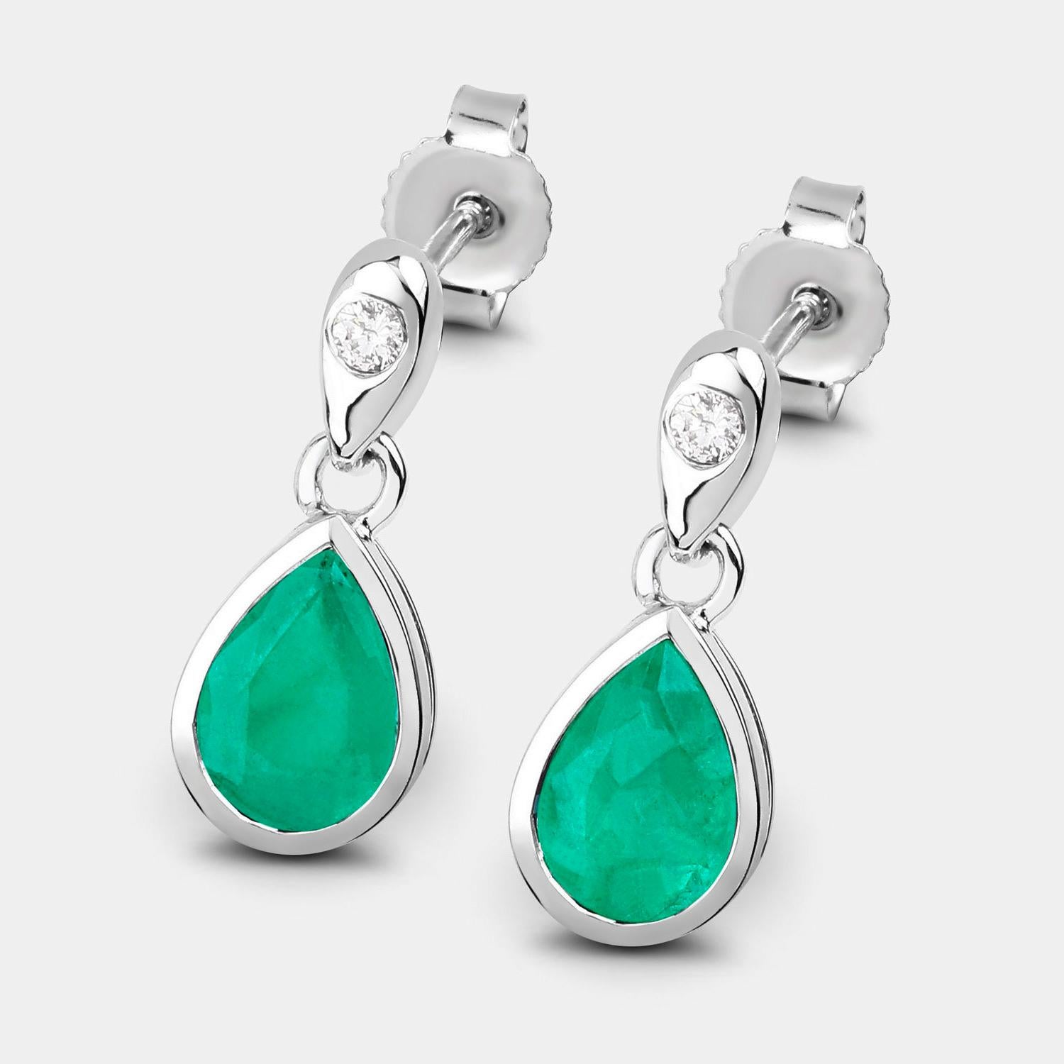 Contemporaneo Zambian Emerald Earrings Diamonds 1.34 Carats 10K White Gold in vendita