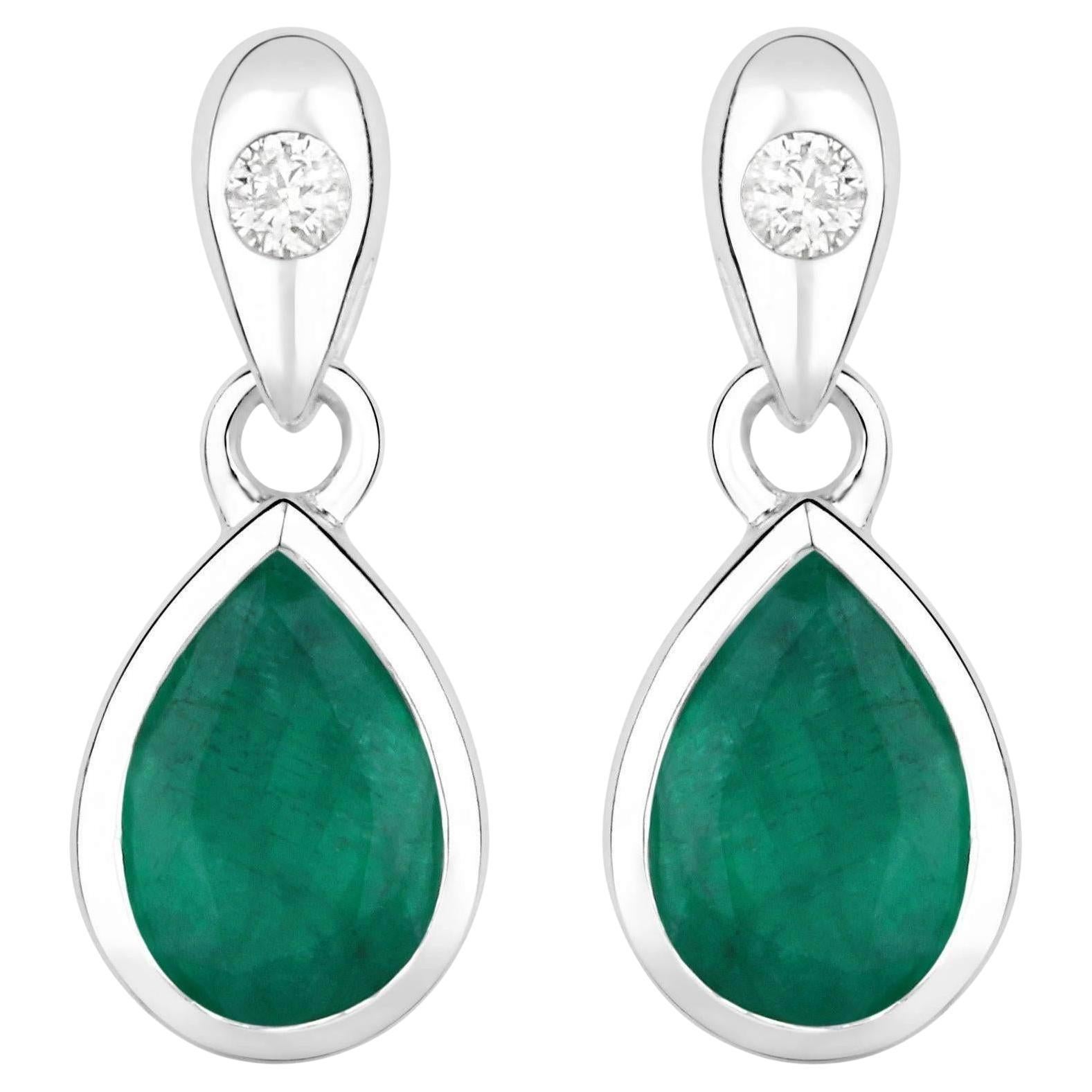 Zambian Emerald Earrings Diamonds 1.35 Carats 14K White Gold