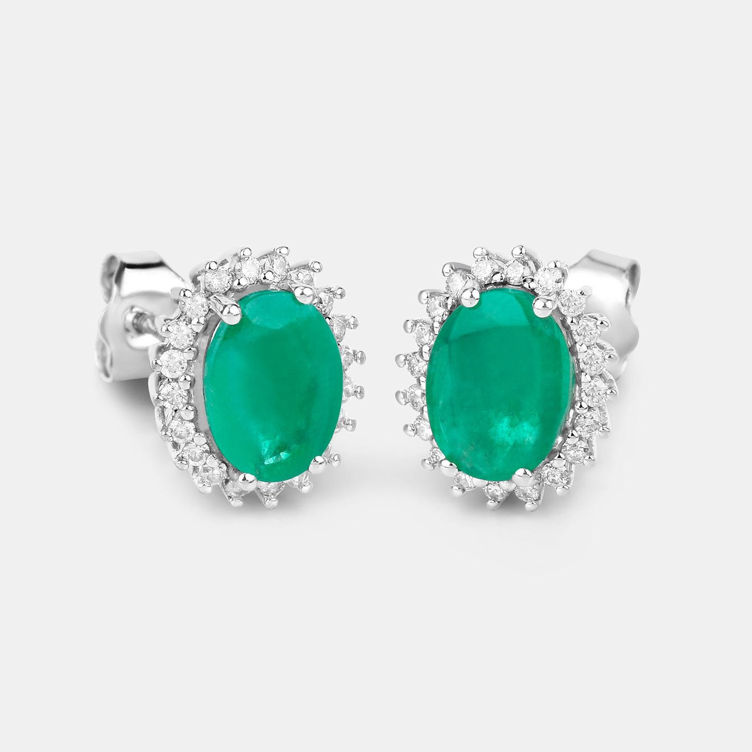 Taglio ovale Zambian Emerald Earrings Diamonds 2.65 Carats 10K White Gold in vendita
