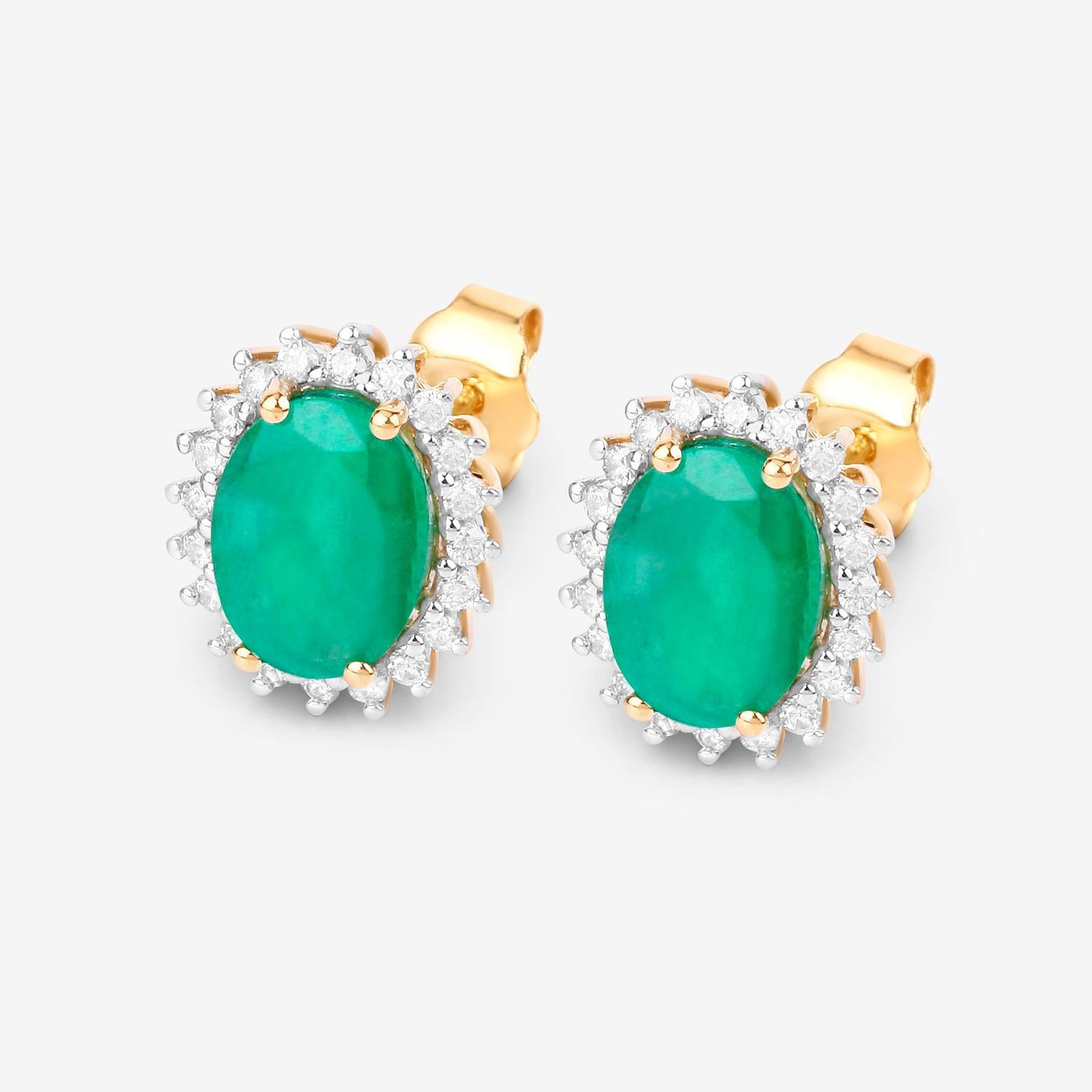 Zambianische Smaragd-Ohrringe Diamanten Halo 2,65 Karat 10K Gelbgold (Ovalschliff) im Angebot