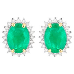 Zambian Emerald Earrings Diamonds Halo 2.65 Carats 10K Yellow Gold