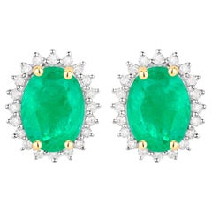 Zambian Emerald Earrings Diamonds Halo 2.65 Carats 10K Yellow Gold