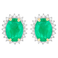 Zambian Emerald Earrings Diamonds Halo 2.65 Carats 10K Yellow Gold