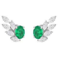 Pendientes Esmeralda Zambiana Diamante Marquesa Oro Blanco 14 Kilates Joyería Artesanal