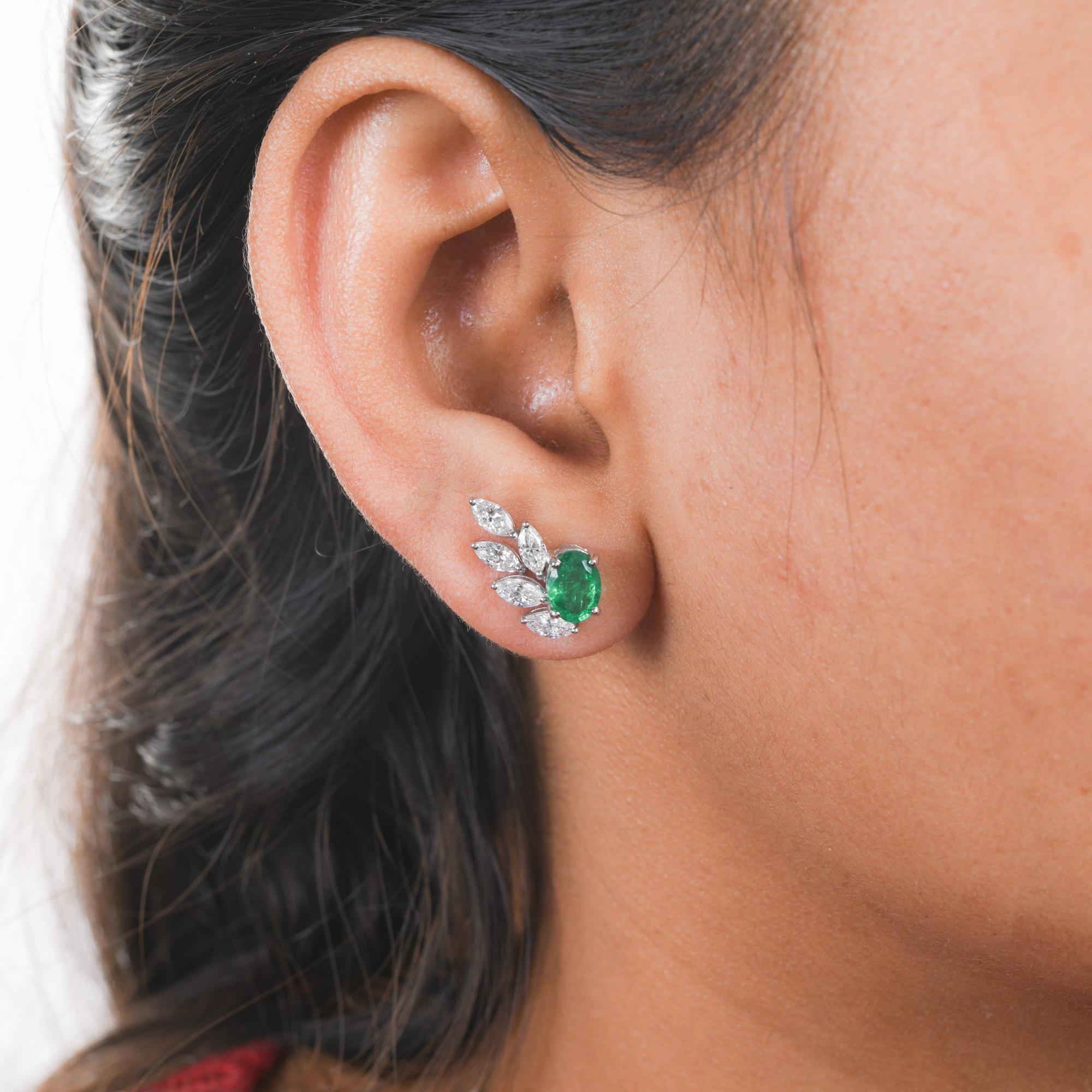 Modern Zambian Emerald Earrings Marquise Diamond 18 Karat White Gold Handmade Jewelry For Sale