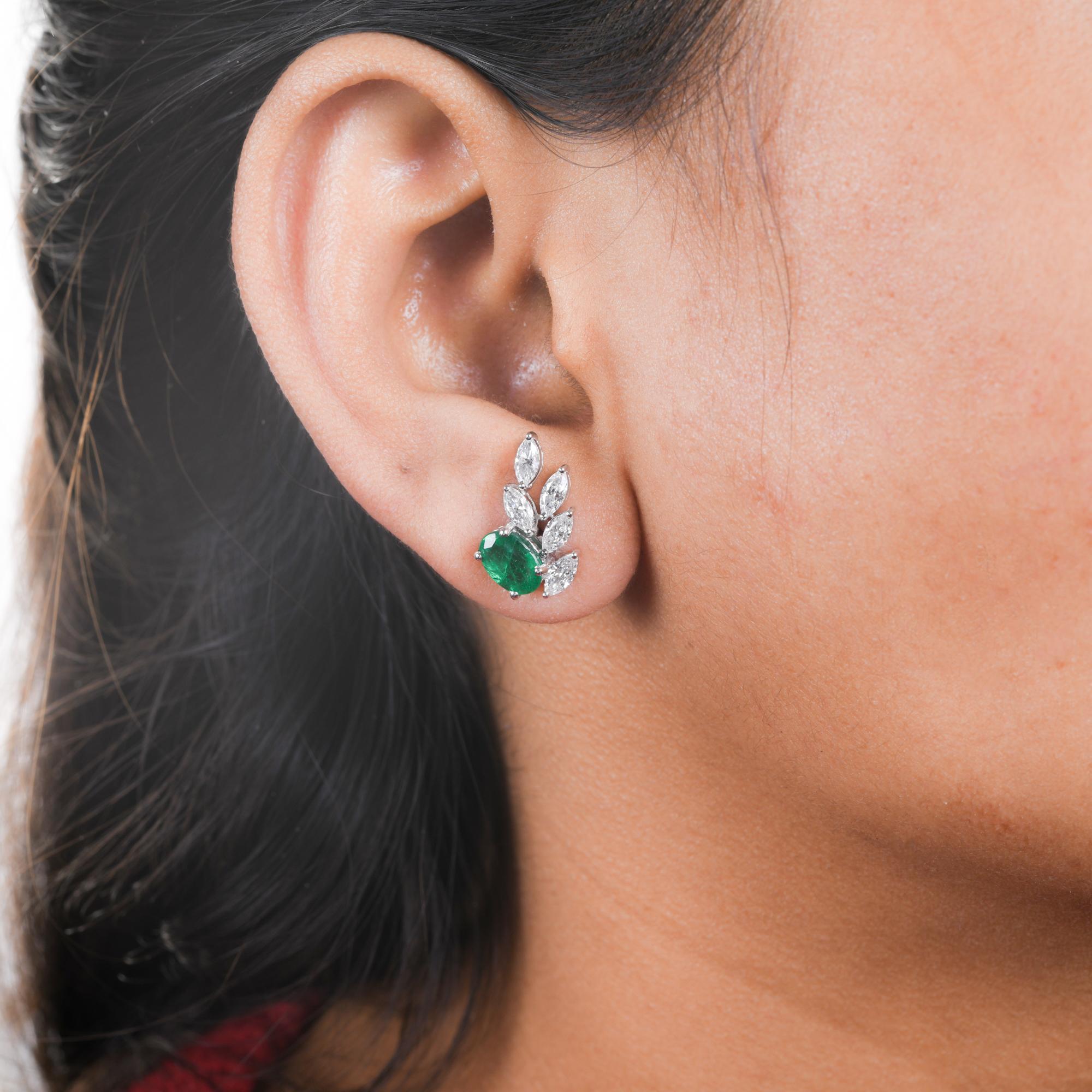 Oval Cut Zambian Emerald Earrings Marquise Diamond 18 Karat White Gold Handmade Jewelry For Sale