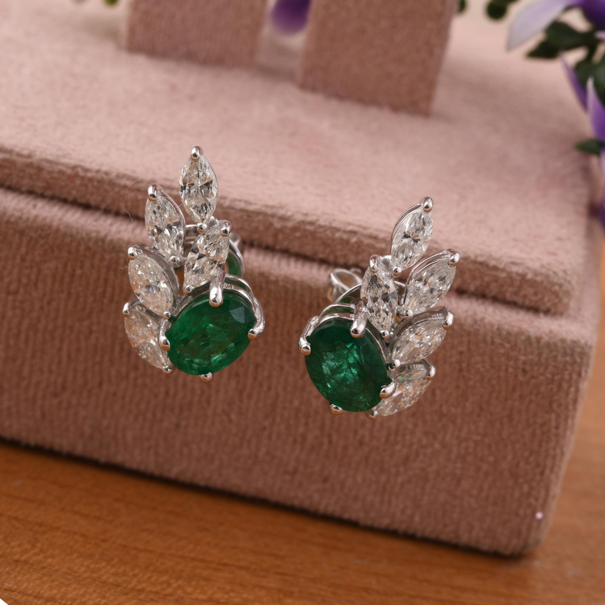Zambian Emerald Earrings Marquise Diamond 18 Karat White Gold Handmade Jewelry In New Condition For Sale In Diera, Dubai
