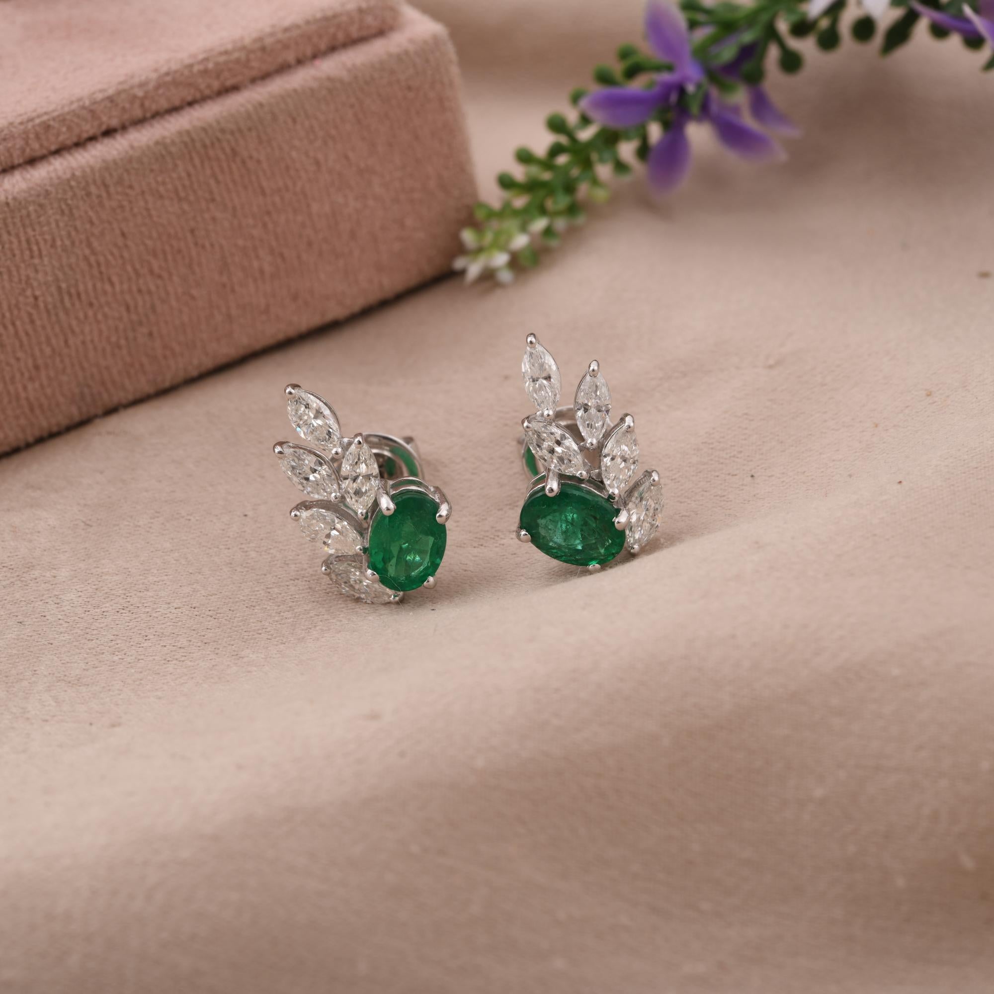 Women's Zambian Emerald Earrings Marquise Diamond 18 Karat White Gold Handmade Jewelry For Sale