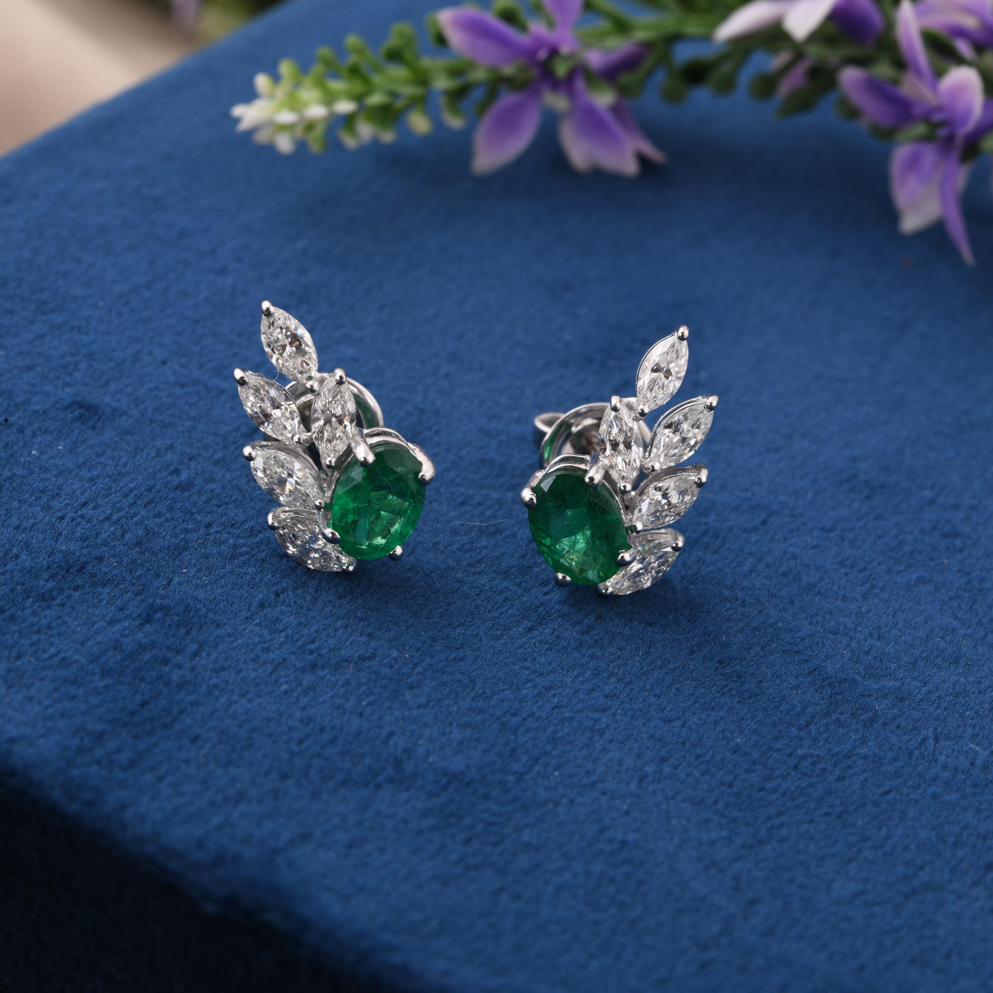 Zambian Emerald Earrings Marquise Diamond 18 Karat White Gold Handmade Jewelry For Sale 1