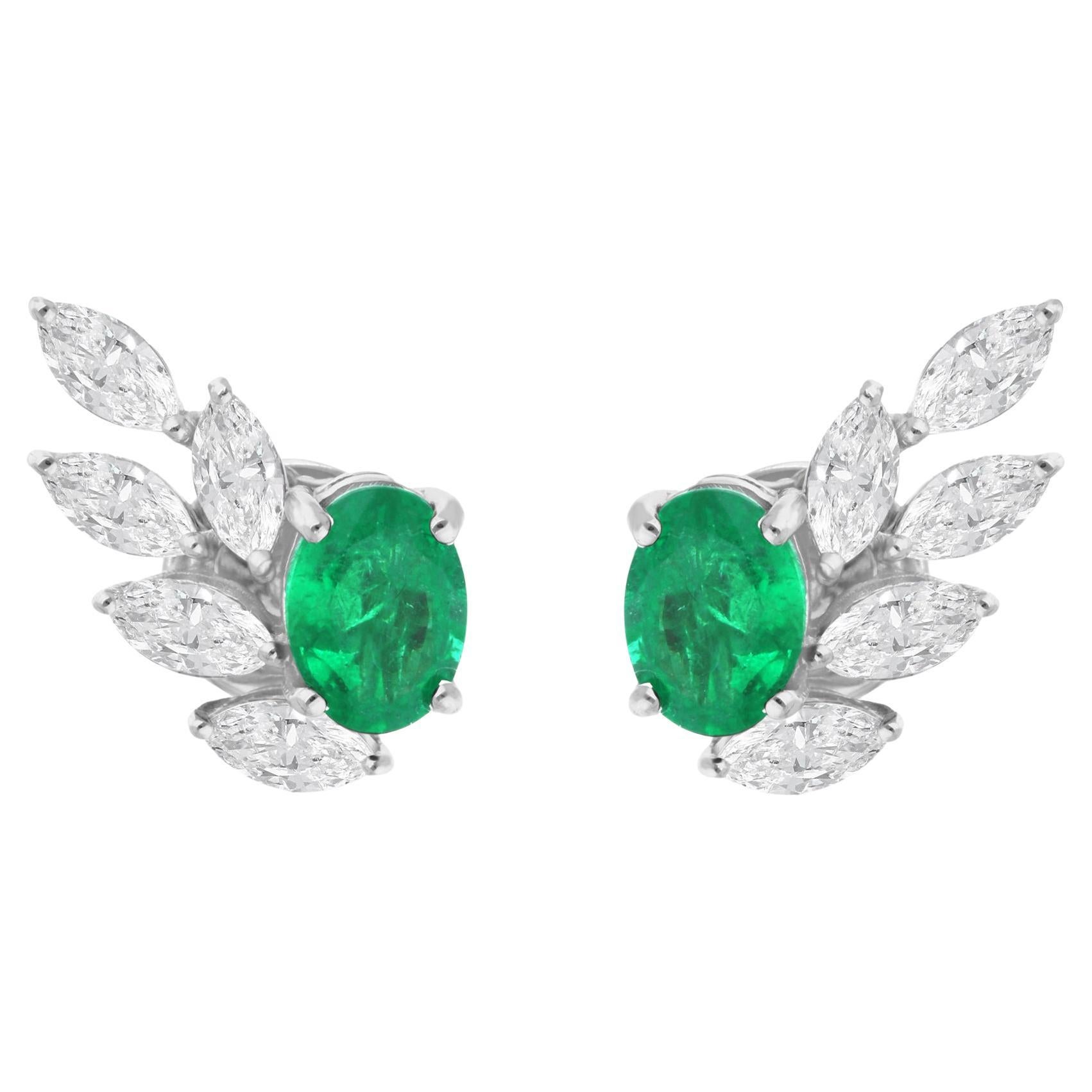 Zambian Emerald Earrings Marquise Diamond 18 Karat White Gold Handmade Jewelry