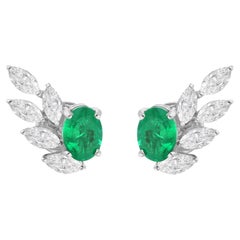 Zambian Emerald Earrings Marquise Diamond 18 Karat White Gold Handmade Jewelry