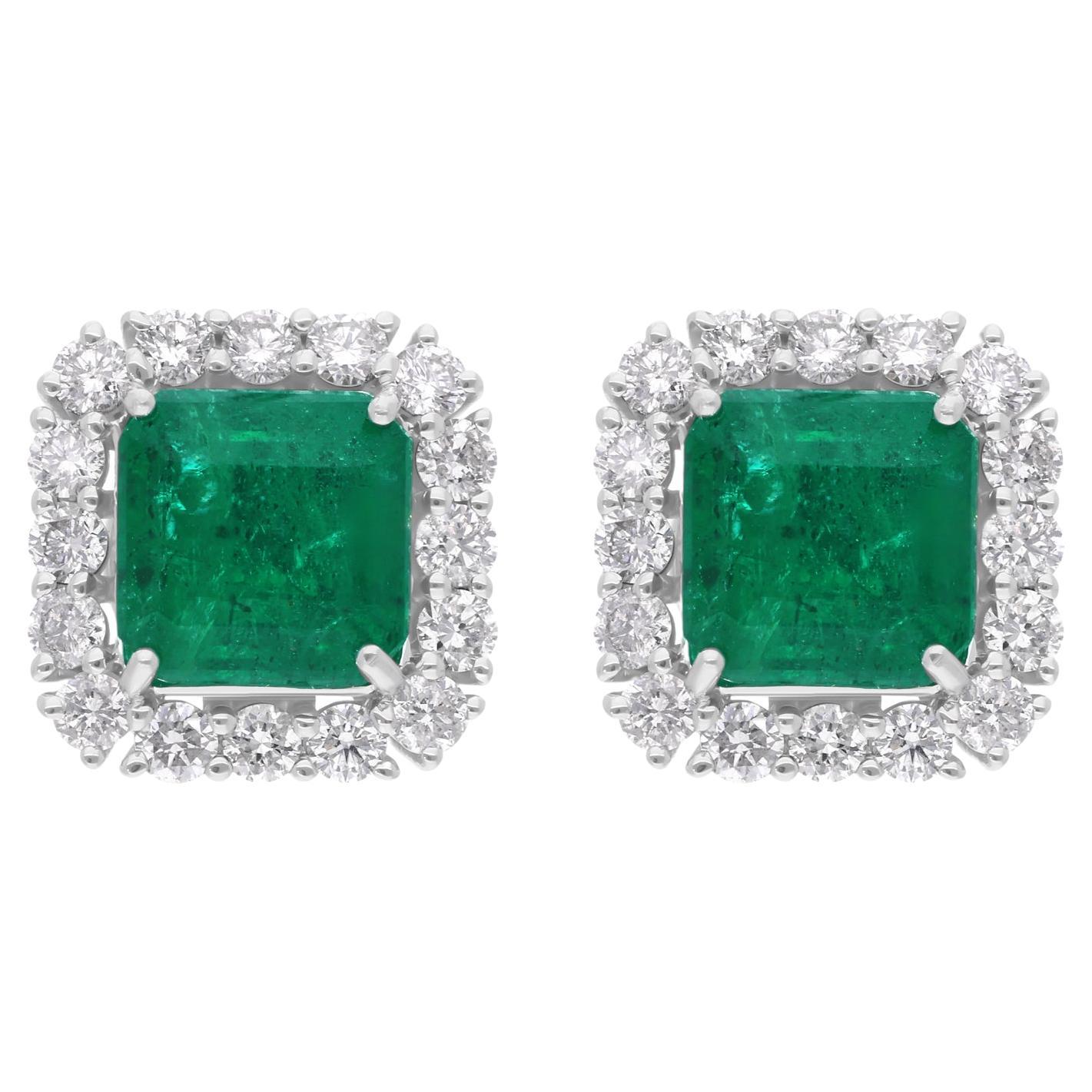 Zambian Emerald Earrings SI Clarity HI Color Diamond 18 Karat White Gold Jewelry