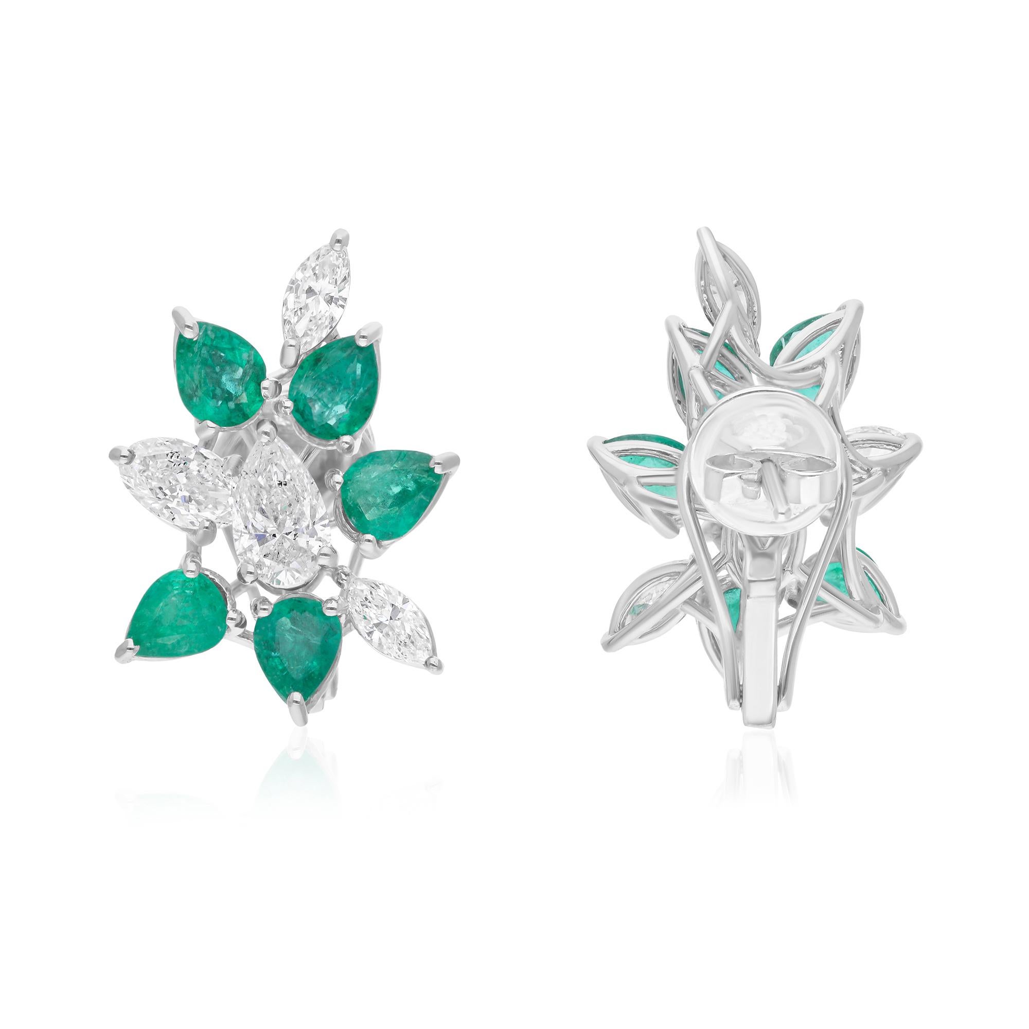 Pear Cut Zambian Emerald Earrings SI/H Brilliant Cut Diamond 10 Karat White Gold Jewelry For Sale