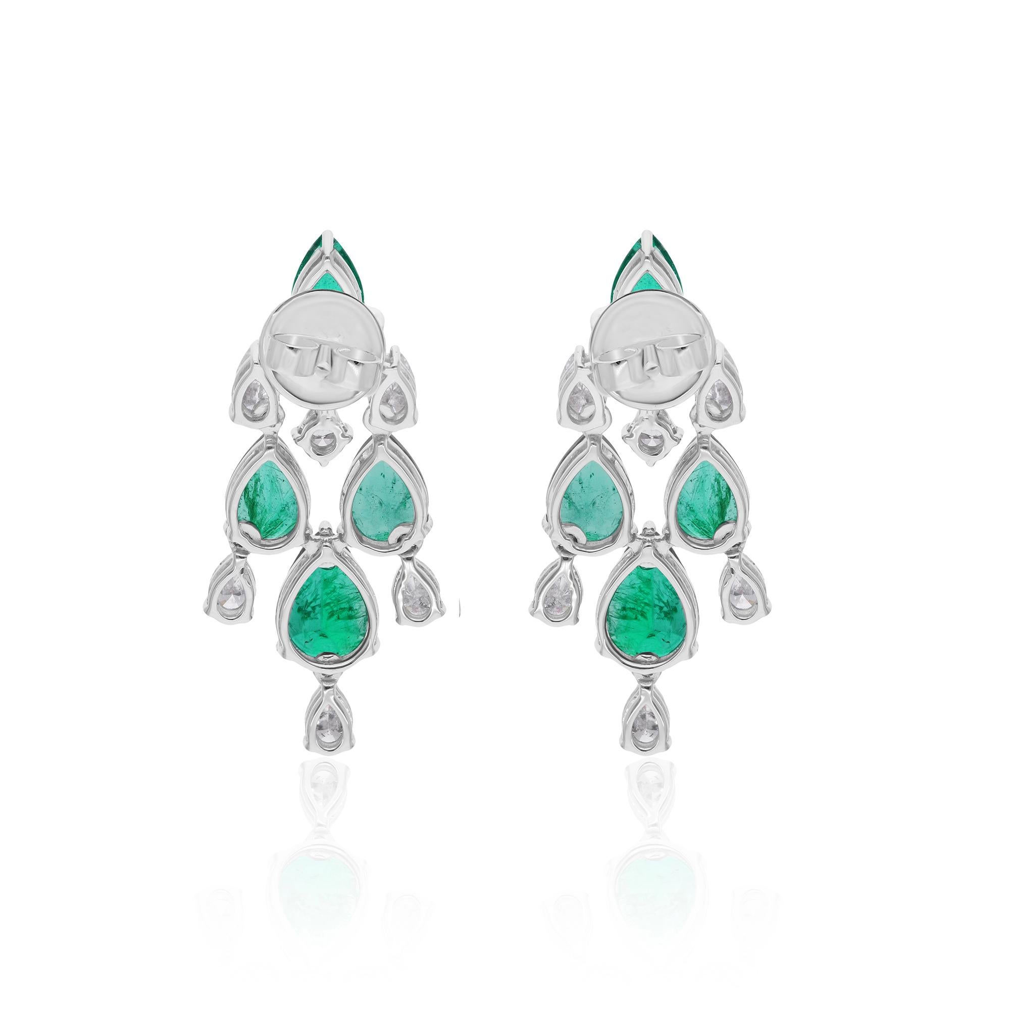 Pear Cut Zambian Emerald Earrings SI/HI Diamond 14 Karat White Gold Handmade Fine Jewelry For Sale