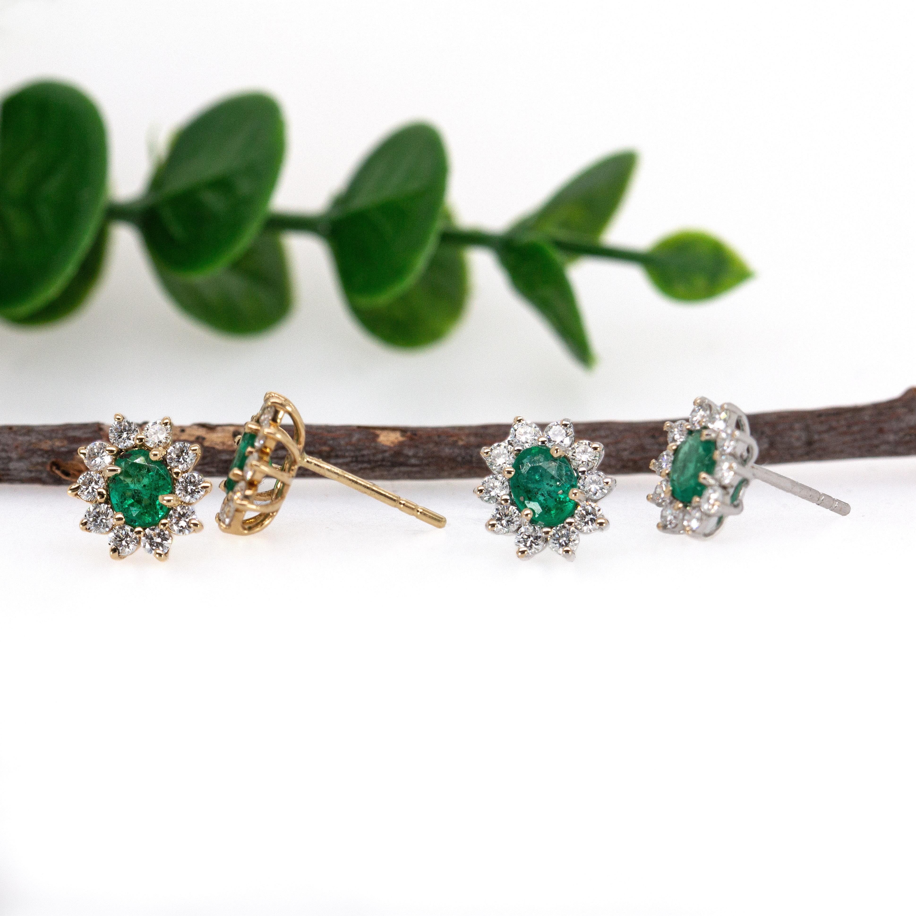 Pendientes de esmeralda de Zambia con diseño de halo floral de diamantes en oro macizo de 14 quilates OV 5x4mm en Nuevo estado para la venta en Columbus, OH