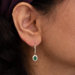 Zambian Emerald Earrings with Natural Diamonds Accents: Solid 14K Gold, 6x4mm