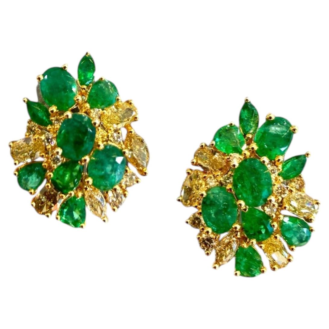 18K Gold Zambia Emerald & Yellow Diamond Marquise Oval Cluster Earrings 5.28ct
