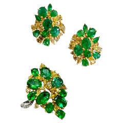 Zambian Emerald & Fancy Yellow Diamond 9.38ct Cocktail Ring Earring Set 18K Gold