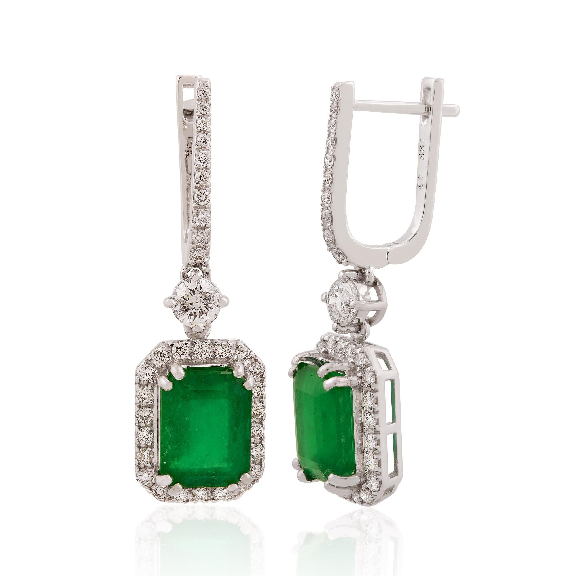 Art Deco Zambian Emerald Fine Dangle Earrings 14k White Gold SI Clarity HI Color Diamond For Sale