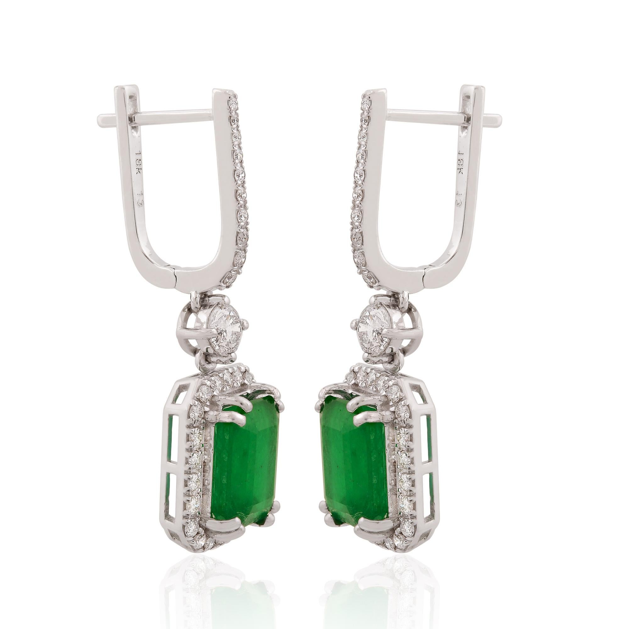 Emerald Cut Zambian Emerald Fine Dangle Earrings 14k White Gold SI Clarity HI Color Diamond For Sale