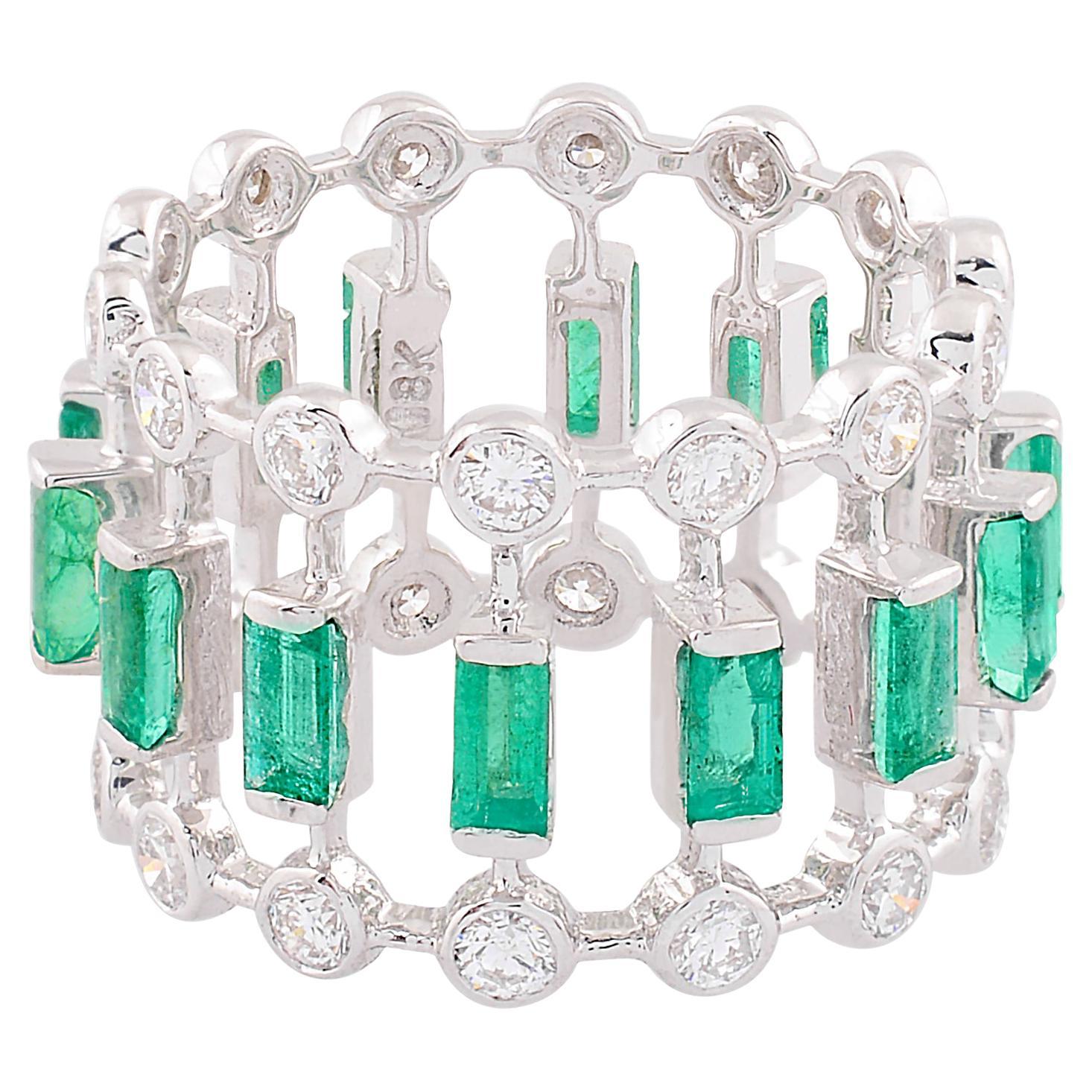 Baguette Emerald Gemstone Band Ring Diamond 14k White Gold Handmade Fine Jewelry